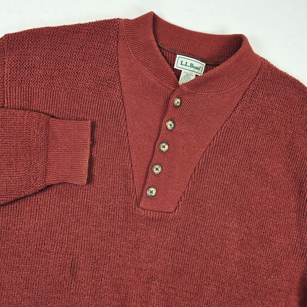 Vtg LL Bean Mens Henley Sweater Large Burgundy Red Cotton Blend Made in USA